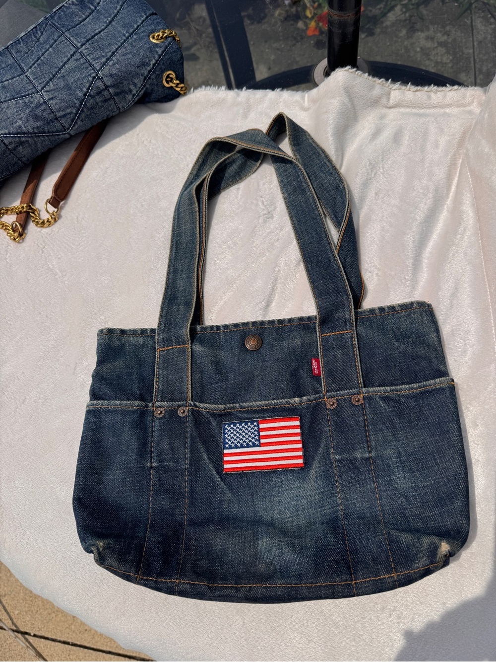Vintage Levi's Dark Blue Denim small tote purse with American Flag Patch